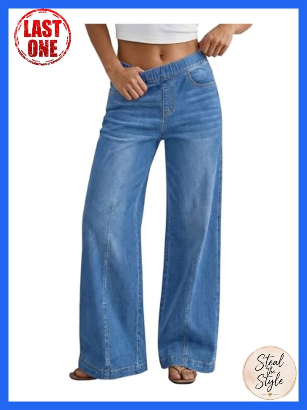 Wide Leg Jeans High Rise Pull On Elastic Waist Denim Pants Tummy Control 30" - Picture 1 of 6